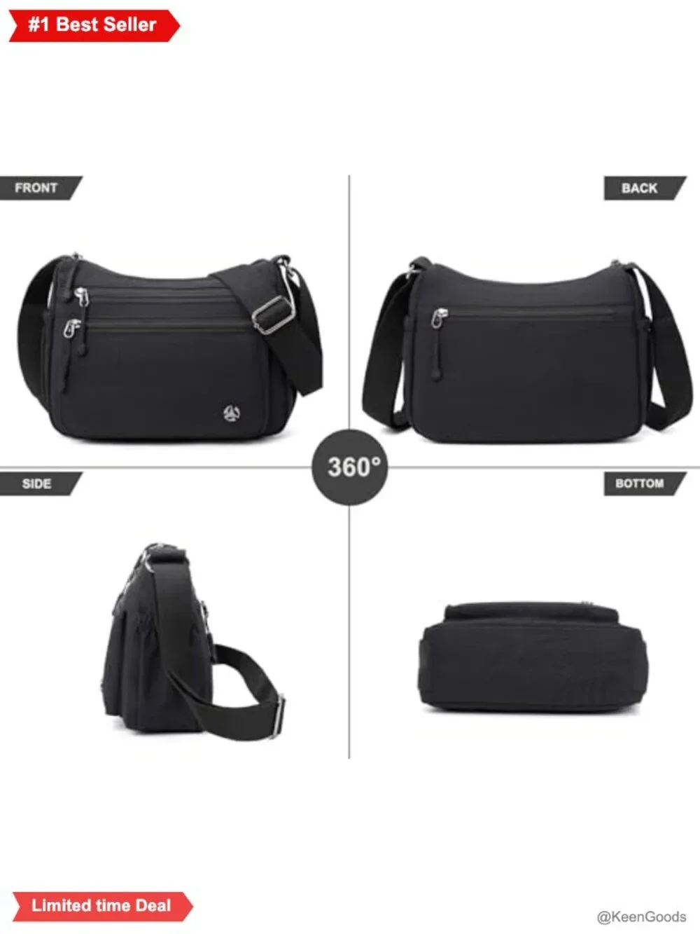 Pealwel Nylon Crossbody Bag Anti-Theft Water-Resistant Purse Adjustable